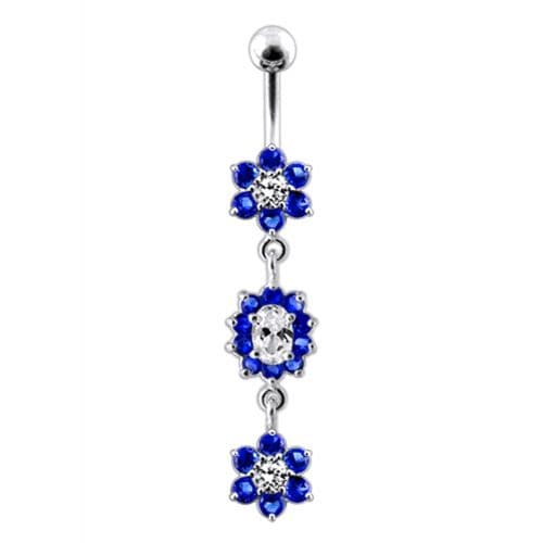 925 Sterling Silver Triple Flowers Jewelled Dangling Belly Ring
