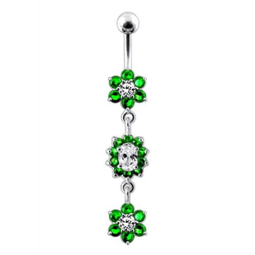 925 Sterling Silver Triple Flowers Jewelled Dangling Belly Ring