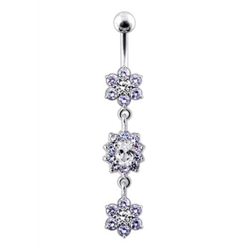 925 Sterling Silver Triple Flowers Jewelled Dangling Belly Ring