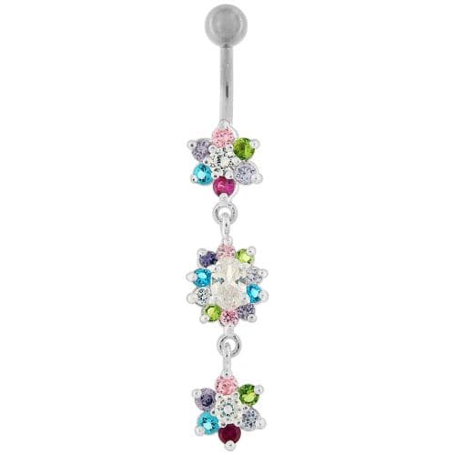 925 Sterling Silver Triple Flowers Jewelled Dangling Belly Ring