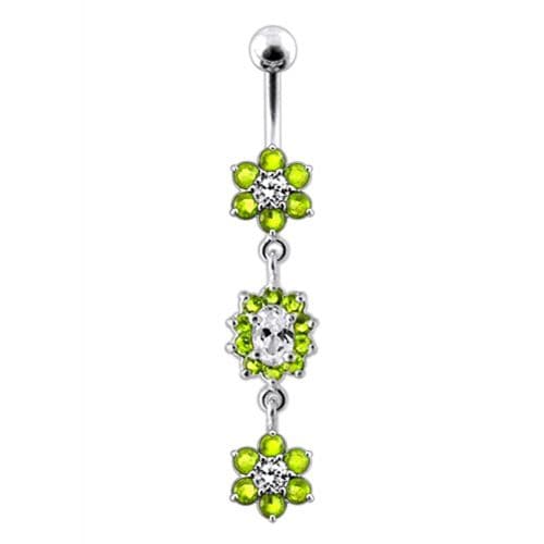 925 Sterling Silver Triple Flowers Jewelled Dangling Belly Ring