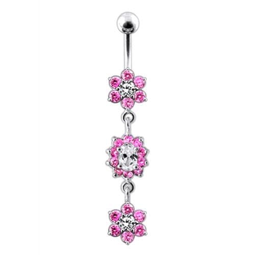 925 Sterling Silver Triple Flowers Jewelled Dangling Belly Ring