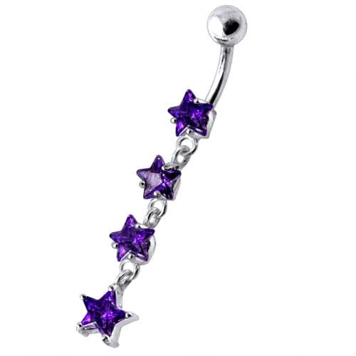 925 Sterling Silver Jewel Four Continuous Star Dangling Belly Ring