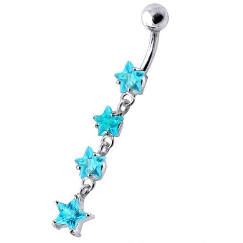 925 Sterling Silver Jewel Four Continuous Star Dangling Belly Ring
