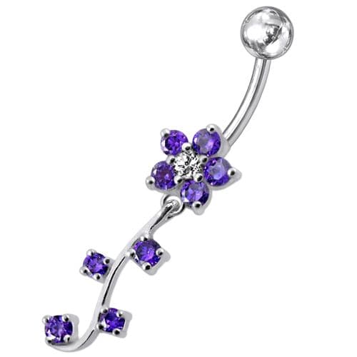 925 Sterling Silver Fancy Silver Flower Dangling Belly Ring