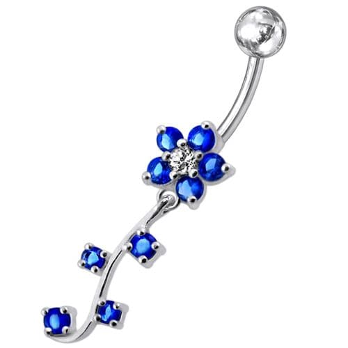 925 Sterling Silver Fancy Silver Flower Dangling Belly Ring