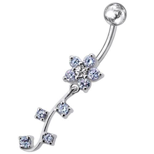 925 Sterling Silver Fancy Silver Flower Dangling Belly Ring