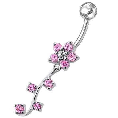 925 Sterling Silver Fancy Silver Flower Dangling Belly Ring