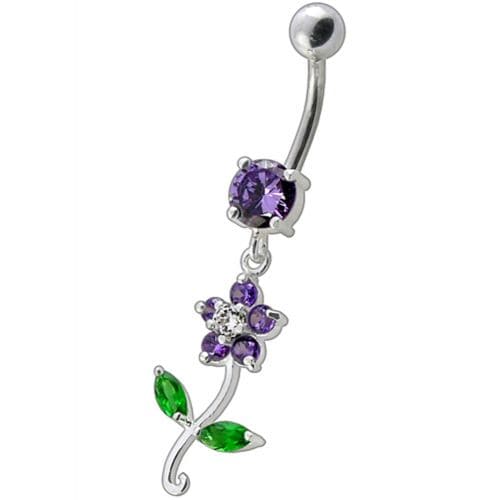 925 Sterling Silver Fancy Flower With Green Jewelled Leafs Dangling Navel Banana Bar Ring