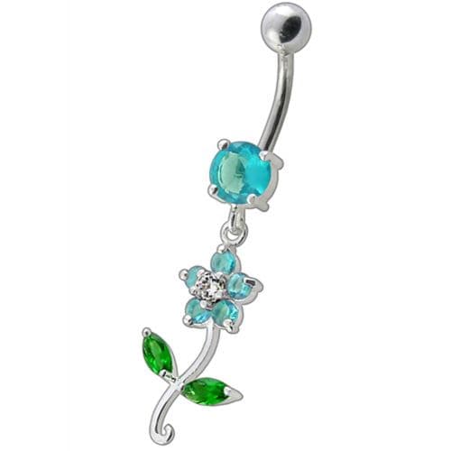 925 Sterling Silver Fancy Flower With Green Jewelled Leafs Dangling Navel Banana Bar Ring