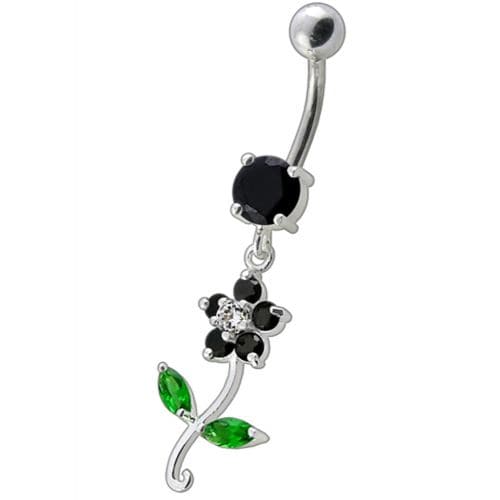 925 Sterling Silver Fancy Flower With Green Jewelled Leafs Dangling Navel Banana Bar Ring