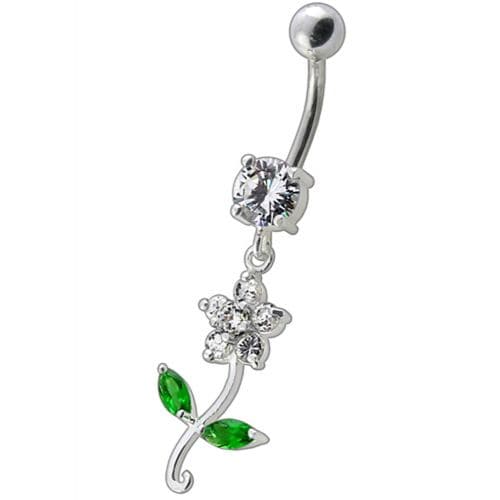925 Sterling Silver Fancy Flower With Green Jewelled Leafs Dangling Navel Banana Bar Ring