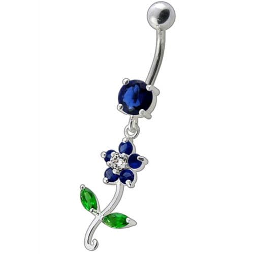 925 Sterling Silver Fancy Flower With Green Jewelled Leafs Dangling Navel Banana Bar Ring