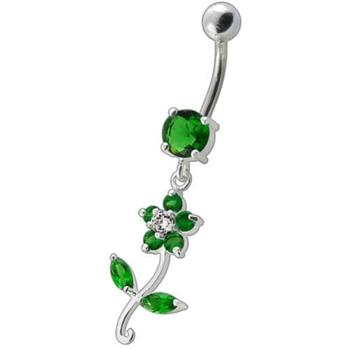 925 Sterling Silver Fancy Flower With Green Jewelled Leafs Dangling Navel Banana Bar Ring