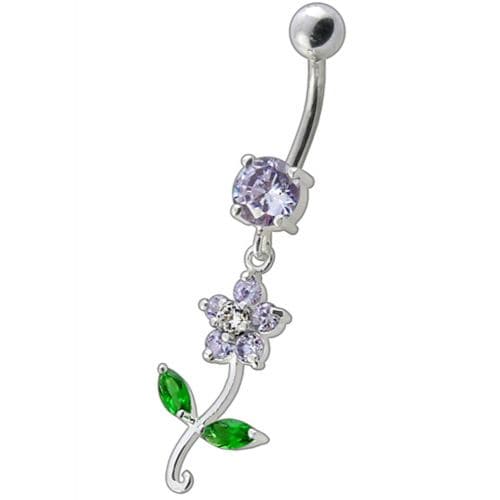 925 Sterling Silver Fancy Flower With Green Jewelled Leafs Dangling Navel Banana Bar Ring