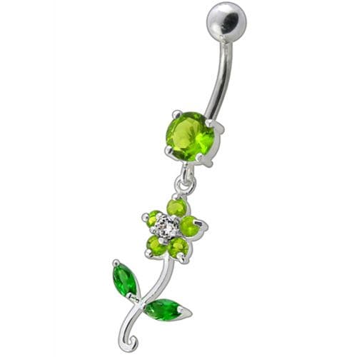 925 Sterling Silver Fancy Flower With Green Jewelled Leafs Dangling Navel Banana Bar Ring