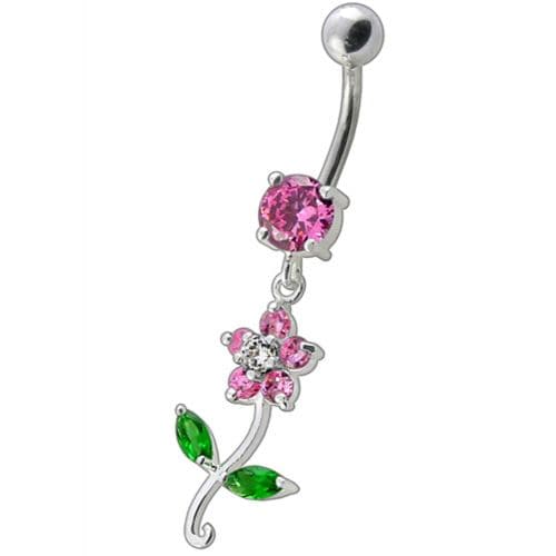 925 Sterling Silver Fancy Flower With Green Jewelled Leafs Dangling Navel Banana Bar Ring