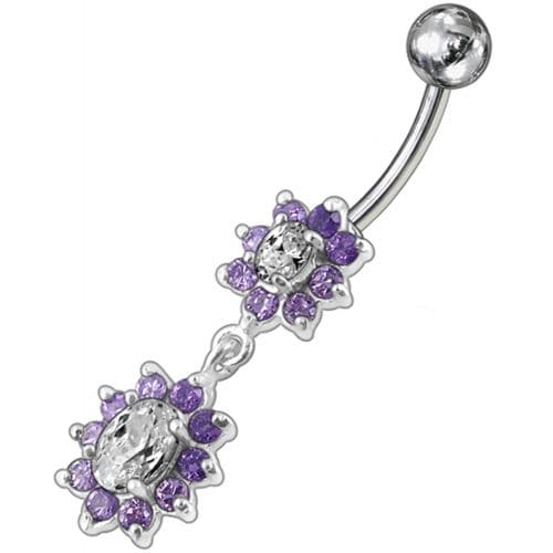 925 Sterling Silver Fancy Double Flowered Dangling Navel Ring
