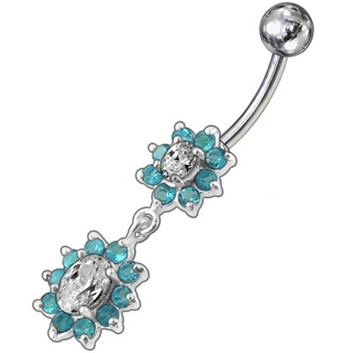 925 Sterling Silver Fancy Double Flowered Dangling Navel Ring