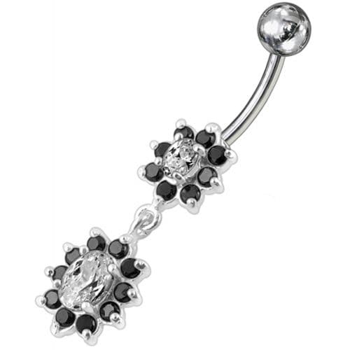 925 Sterling Silver Fancy Double Flowered Dangling Navel Ring