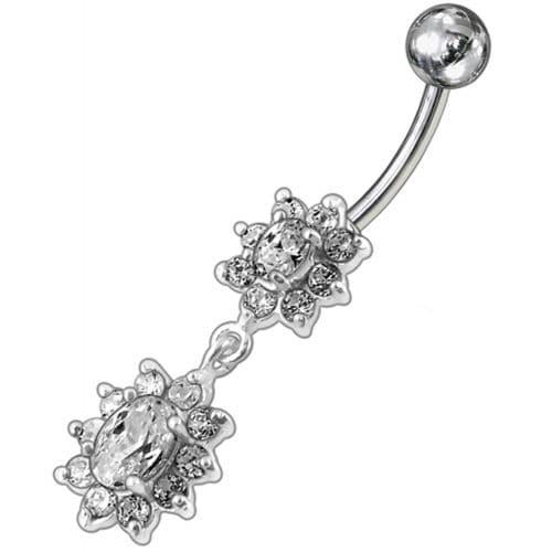 925 Sterling Silver Fancy Double Flowered Dangling Navel Ring