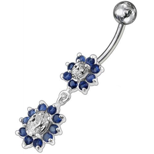 925 Sterling Silver Fancy Double Flowered Dangling Navel Ring
