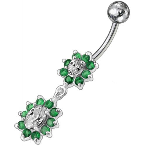 925 Sterling Silver Fancy Double Flowered Dangling Navel Ring
