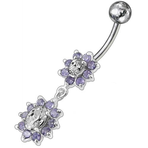 925 Sterling Silver Fancy Double Flowered Dangling Navel Ring