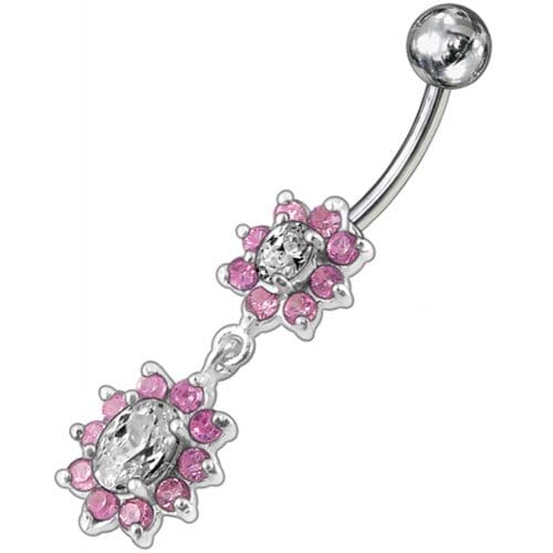 925 Sterling Silver Fancy Double Flowered Dangling Navel Ring