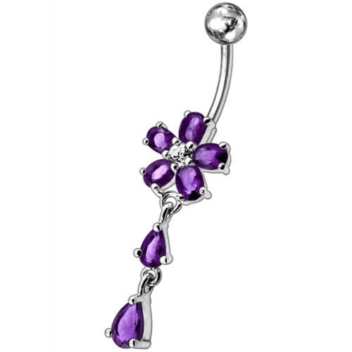 925 Sterling Silver Fancy Jewelled Flower With SS Bar Navel Ring