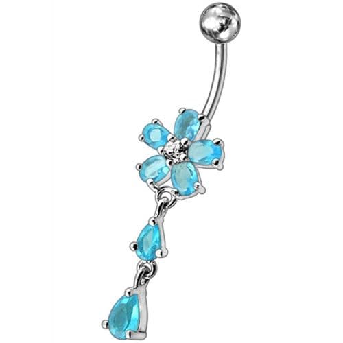 925 Sterling Silver Fancy Jewelled Flower With SS Bar Navel Ring