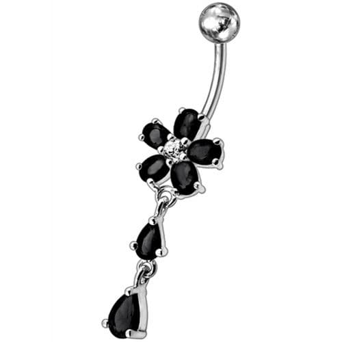 925 Sterling Silver Fancy Jewelled Flower With SS Bar Navel Ring