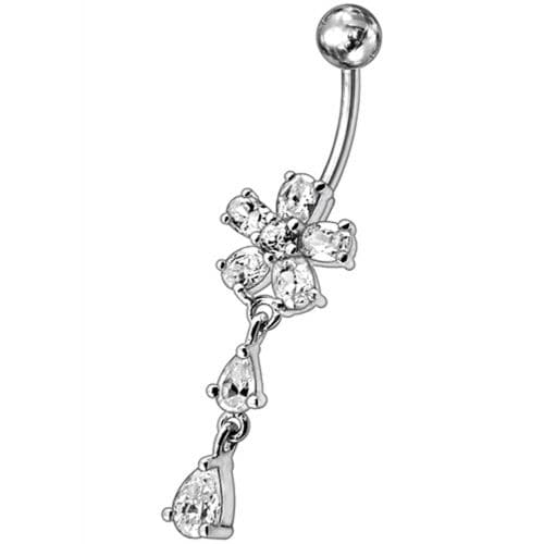 925 Sterling Silver Fancy Jewelled Flower With SS Bar Navel Ring