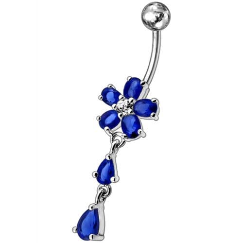 925 Sterling Silver Fancy Jewelled Flower With SS Bar Navel Ring