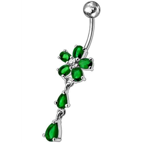 925 Sterling Silver Fancy Jewelled Flower With SS Bar Navel Ring