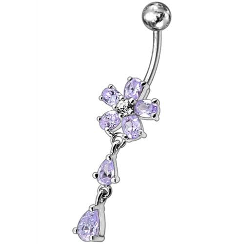 925 Sterling Silver Fancy Jewelled Flower With SS Bar Navel Ring