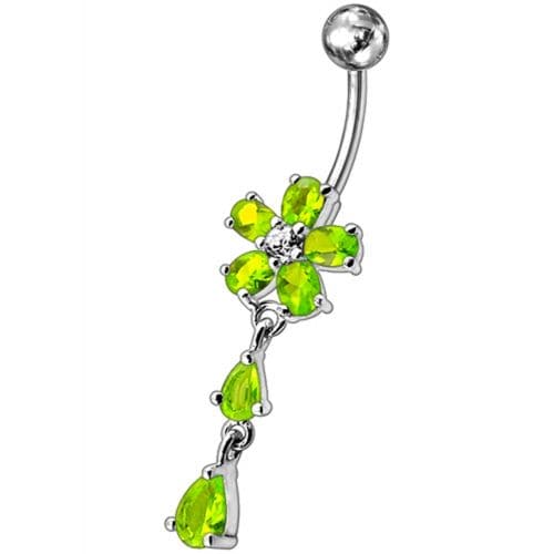925 Sterling Silver Fancy Jewelled Flower With SS Bar Navel Ring