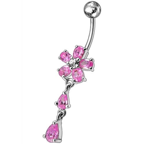 925 Sterling Silver Fancy Jewelled Flower With SS Bar Navel Ring