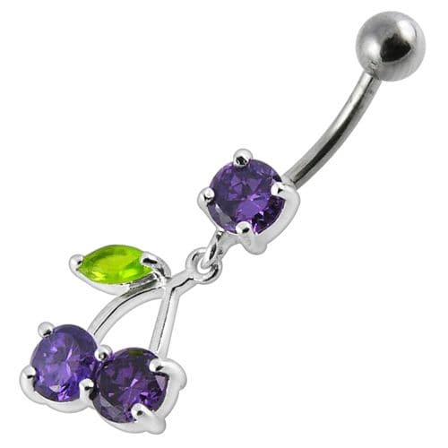 925 Sterling Silver Cherry Jewelled Fancy Dangling Belly Ring With SS Bar