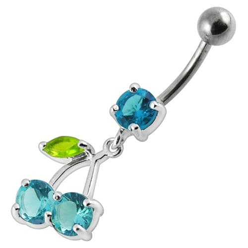 925 Sterling Silver Cherry Jewelled Fancy Dangling Belly Ring With SS Bar