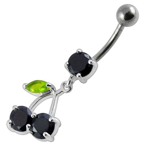 925 Sterling Silver Cherry Jewelled Fancy Dangling Belly Ring With SS Bar