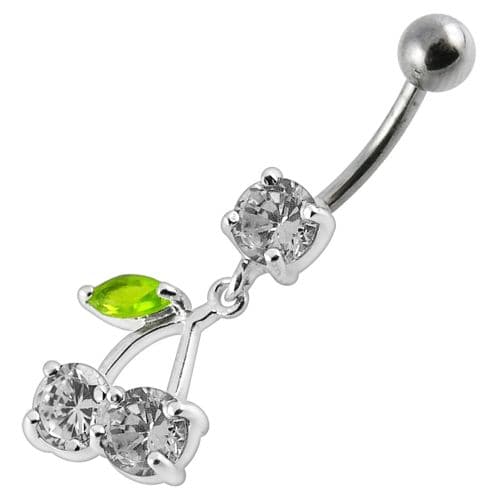 925 Sterling Silver Cherry Jewelled Fancy Dangling Belly Ring With SS Bar