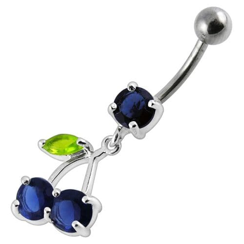 925 Sterling Silver Cherry Jewelled Fancy Dangling Belly Ring With SS Bar