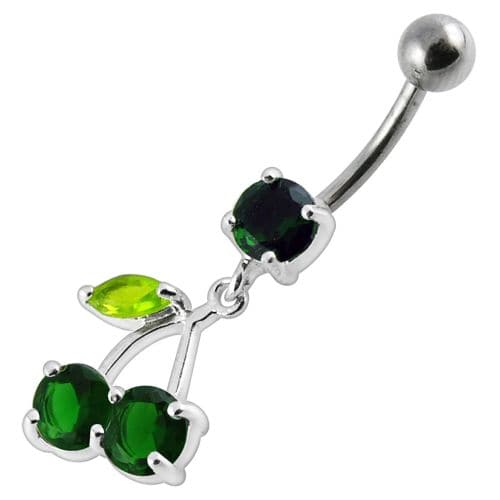 925 Sterling Silver Cherry Jewelled Fancy Dangling Belly Ring With SS Bar