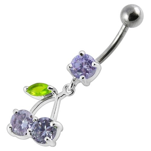 925 Sterling Silver Cherry Jewelled Fancy Dangling Belly Ring With SS Bar
