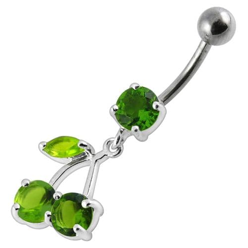 925 Sterling Silver Cherry Jewelled Fancy Dangling Belly Ring With SS Bar