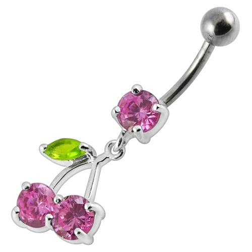 925 Sterling Silver Cherry Jewelled Fancy Dangling Belly Ring With SS Bar