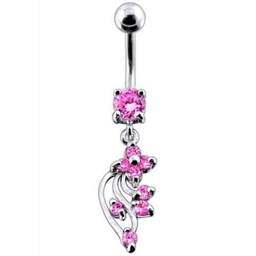 925 Sterling Silver Flower with Stones Jewelled Fancy Dangling Belly Ring
