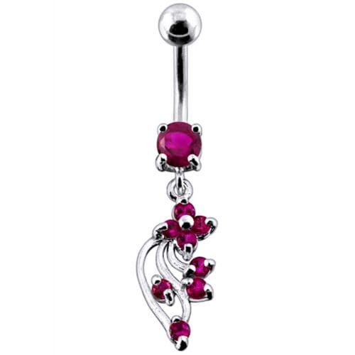 925 Sterling Silver Flower with Stones Jewelled Fancy Dangling Belly Ring
