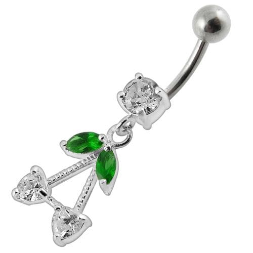 925 Sterling Silver Fancy Jewelled Double Heart Stone Dangling Belly Ring